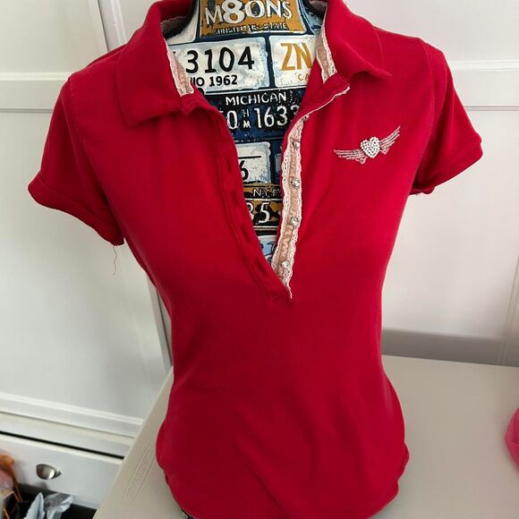 Twisted Hearts Y2K Vintage Women's Red Polo shirt henley - Picture 1 of 5